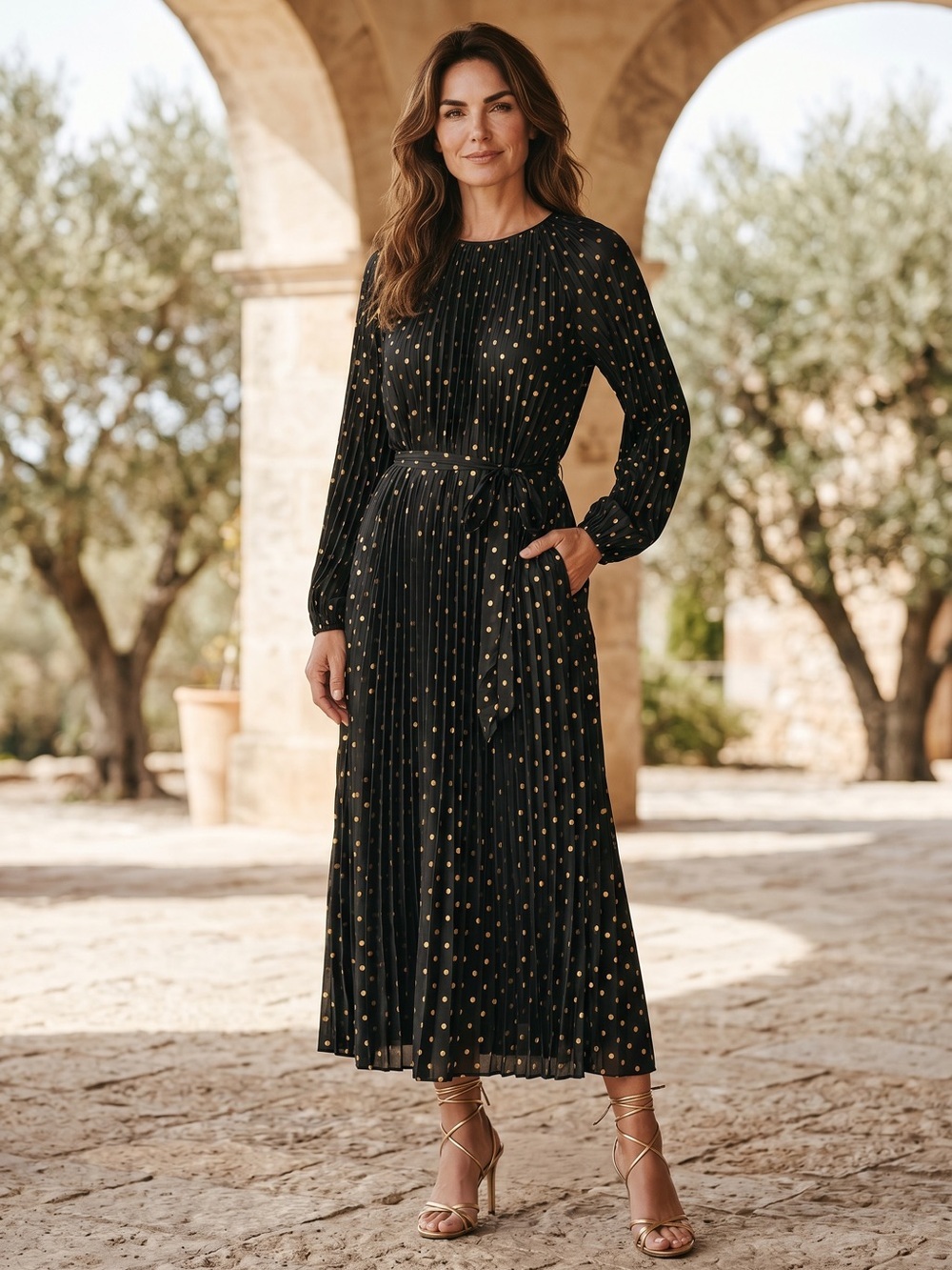 julia jordan Black Long Sleeve Dress with Gold Polka Dots